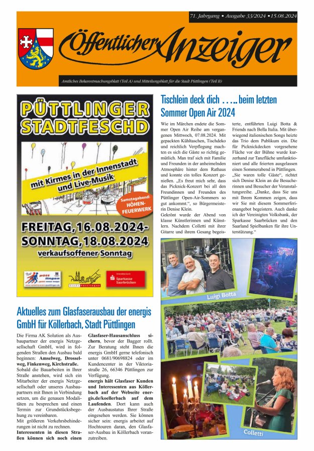 Öffentlicher Anzeiger - Stadt Püttlingen Titelblatt 33/2024