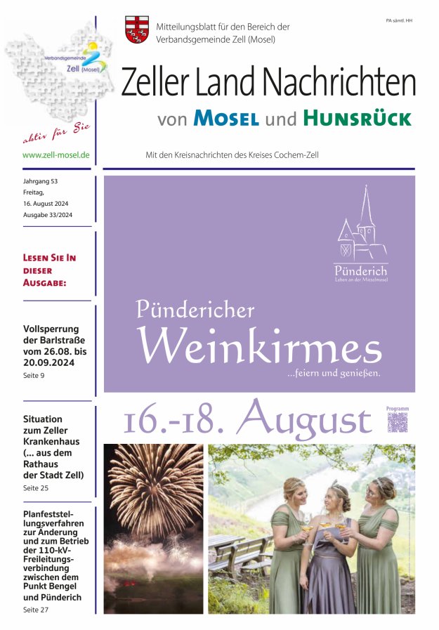 Zeller Land Nachrichten Titelblatt 33/2024