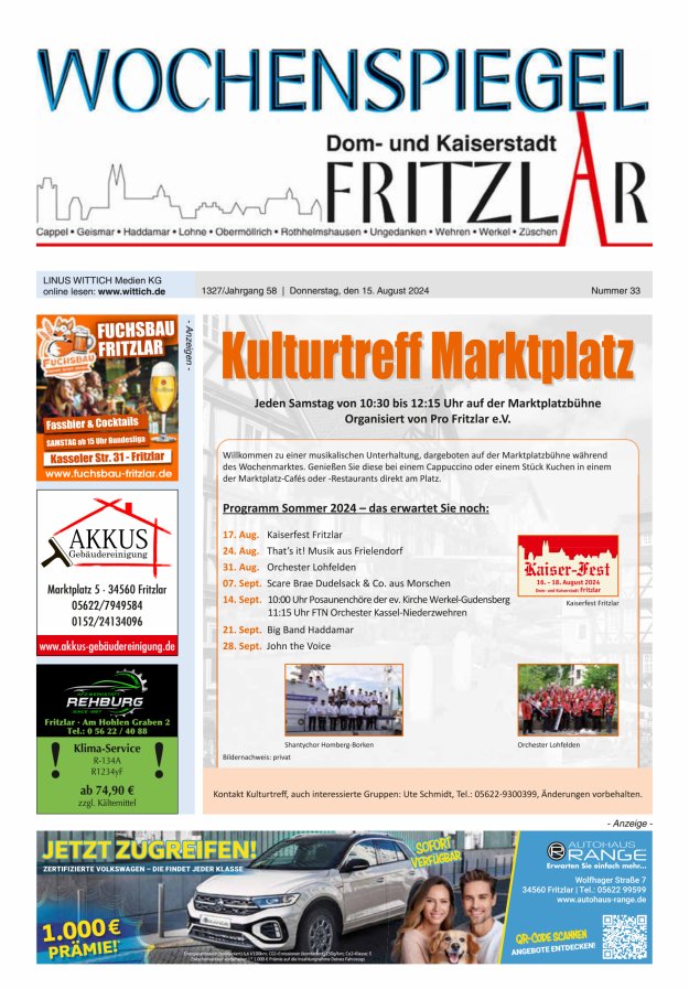 Wochenspiegel Dom- und Kaiserstadt Fritzlar Titelblatt 33/2024