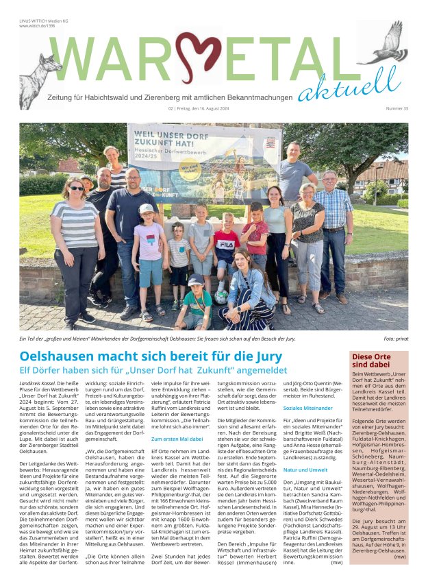 Warmetal aktuell (Habichtswald + Zierenberg) Titelblatt 33/2024
