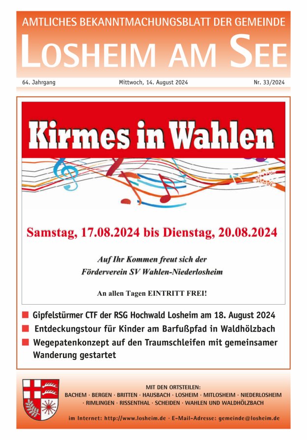 Amtliches Bekanntmachungsblatt der Gemeinde Losheim am See Titelblatt 33/2024