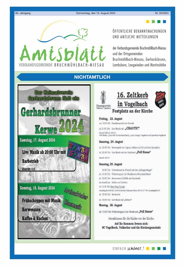 Amtsblatt der VG Bruchmühlbach-Miesau Titelblatt 33/2024