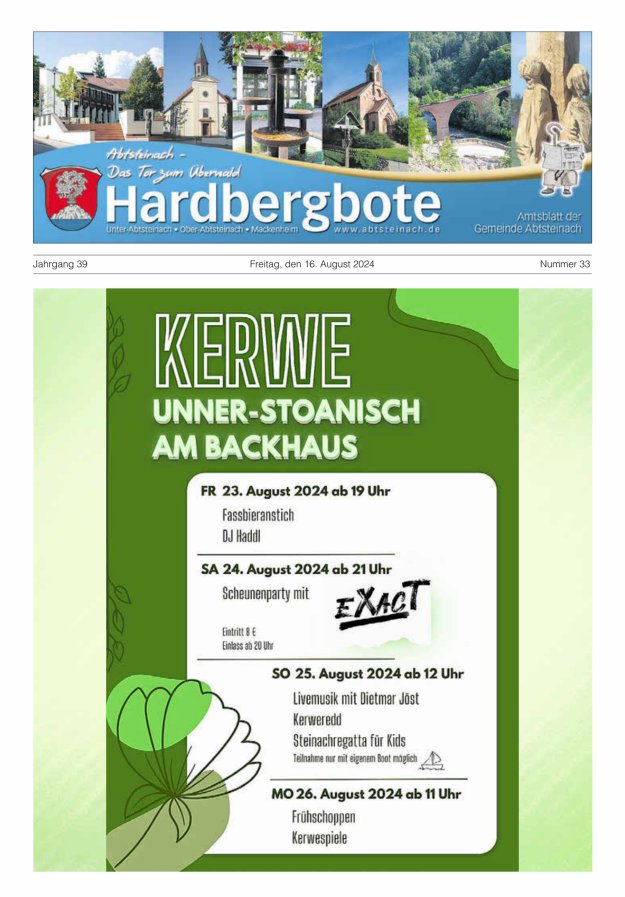 Hardbergbote - Mitteilungsblatt der Gemeinde Abtsteinach Titelblatt 33/2024