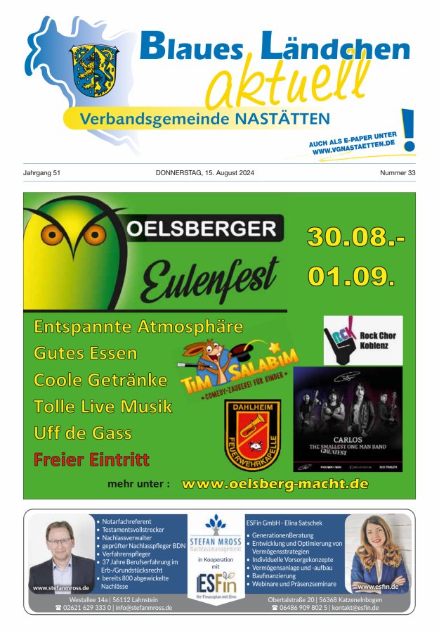 Blaues Ländchen aktuell - Heimat- u Bürgerzeitung VG Nastätten Titelblatt 33/2024