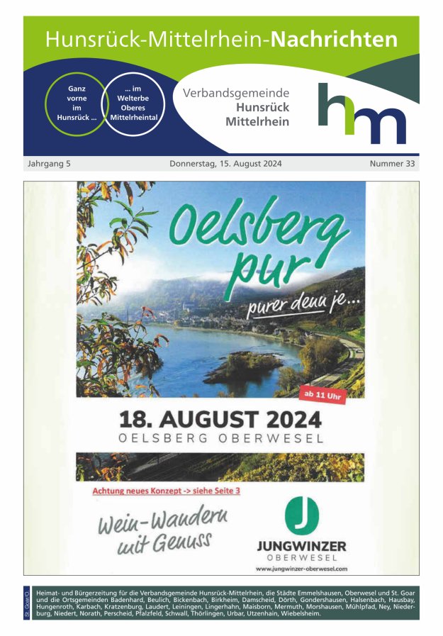 Hunsrück-Mittelrhein Nachrichten Ausgabe St Goar Oberwesel Titelblatt 33/2024