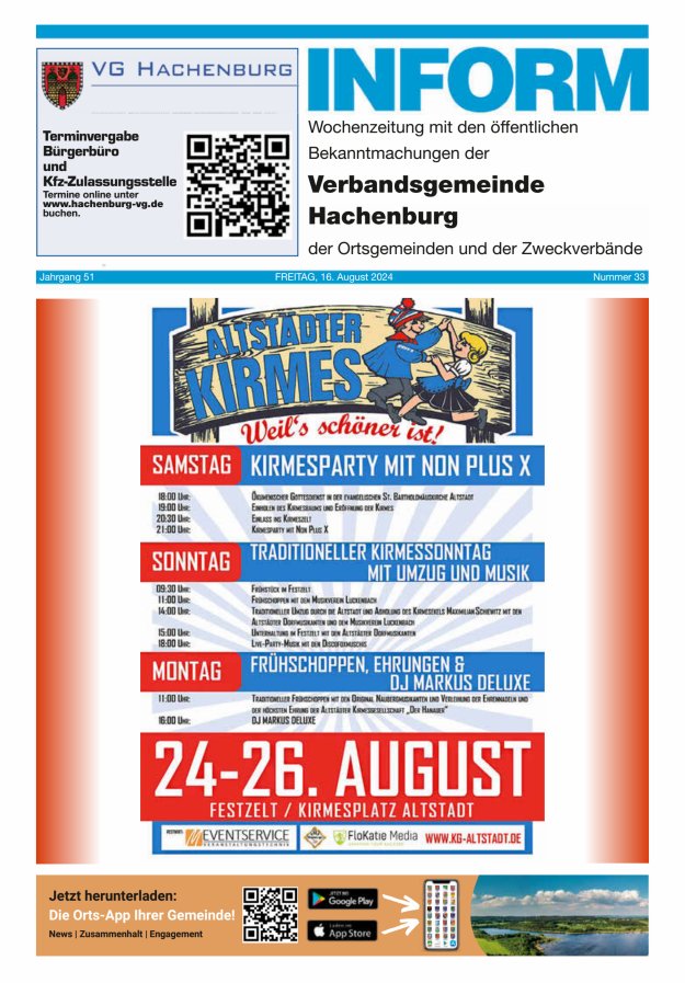 INFORM - Wochenzeitung der Verbandsgemeinde Hachenburg Titelblatt 33/2024