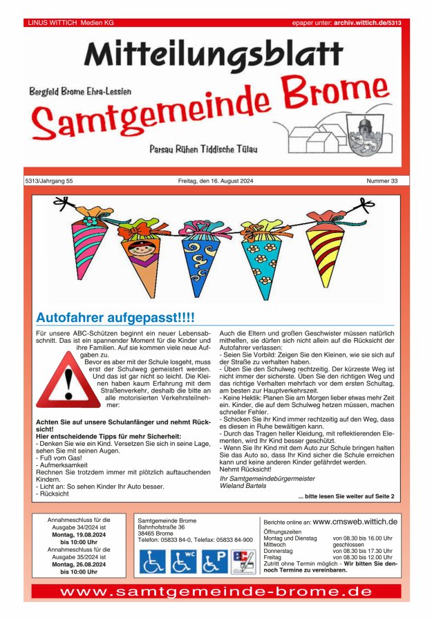 Mitteilungsblatt der Samtgemeinde Brome Titelblatt 33/2024