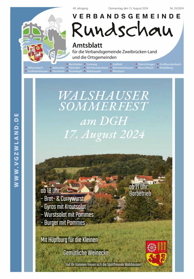 Verbandsgemeinde Rundschau Zweibrücken-Land Titelblatt 33/2024