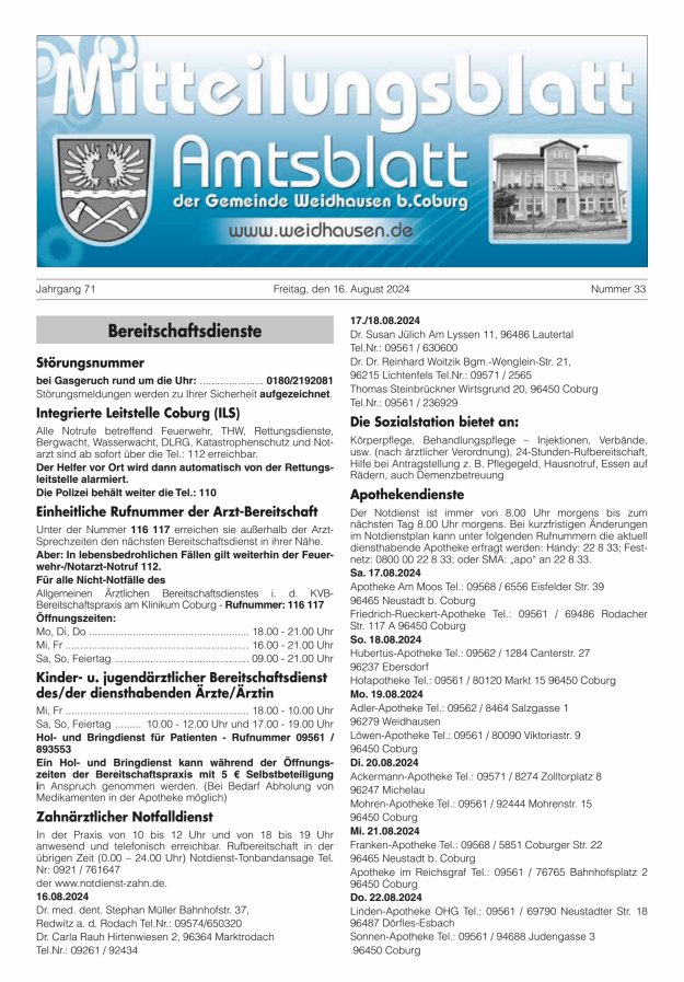 Mitteilungsblatt - Amtsblatt der Gemeinde Weidhausen b Coburg Titelblatt 33/2024