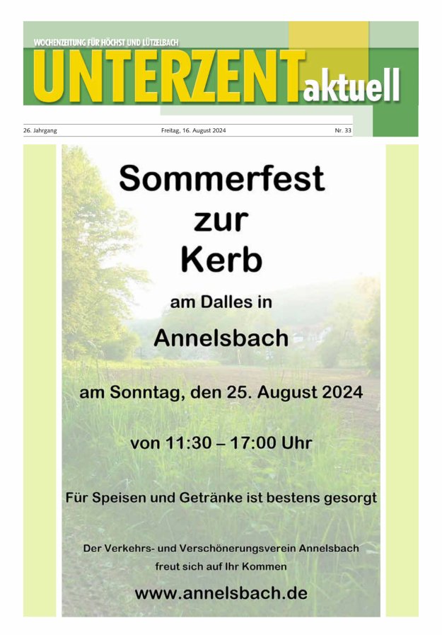 Unterzent aktuell Wochenzeitung für Höchst und Lützelbach Titelblatt 33/2024