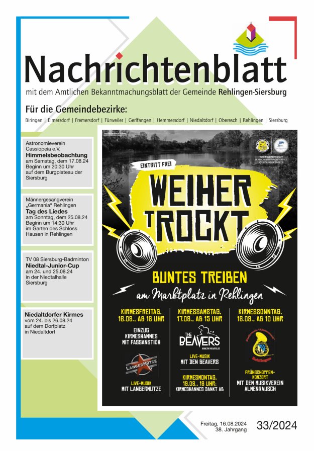 Nachrichtenblatt Rehlingen-Siersburg Titelblatt 33/2024