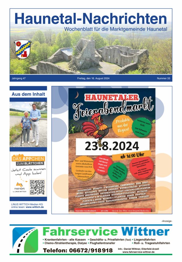 Haunetal-Nachrichten Titelblatt 33/2024