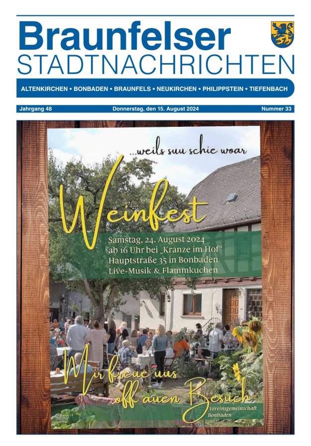 Braunfelser Stadtnachrichten Titelblatt 33/2024