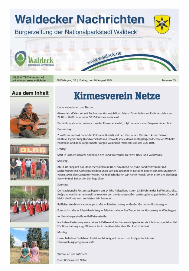 Waldecker Nachrichten Titelblatt 33/2024