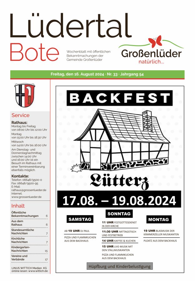 Wochenblatt mit öffentlichen Bekanntmachungen der Gemeinde Großenlüder Titelblatt 33/2024