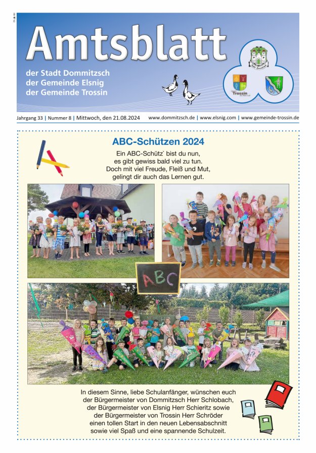 Dommitzsch Info - Amtsblatt der Stadt Dommitzsch der Gemeinden Elsnig und Trossin Titelblatt 08/2024