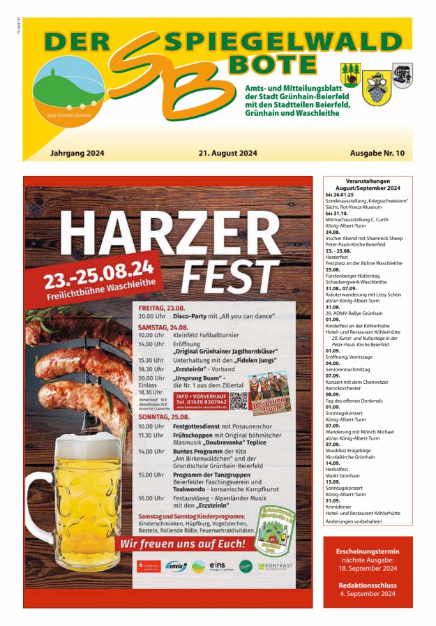 Der Spiegelwaldbote - Amts- und Mitteilungsblatt der Gemeinde Grünhain-Beierfeld  Titelblatt 10/2024
