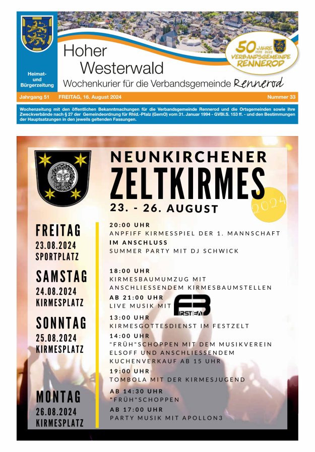Hoher Westerwald - Wochenkurier für die Verbandsgemeinde Rennerod Titelblatt 33/2024