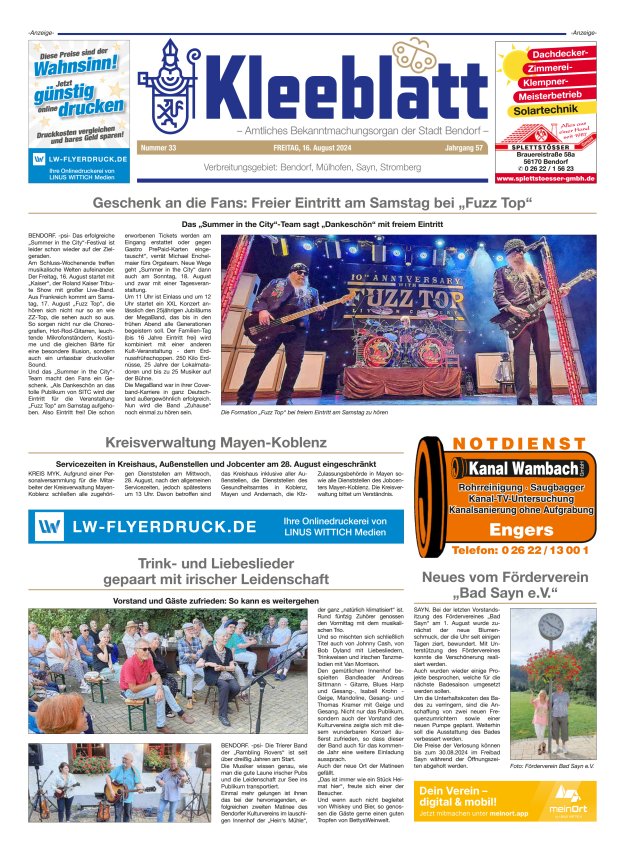 Kleeblatt - Amtliches Bekanntmachungsorgan der Stadt Bendorf Titelblatt 33/2024