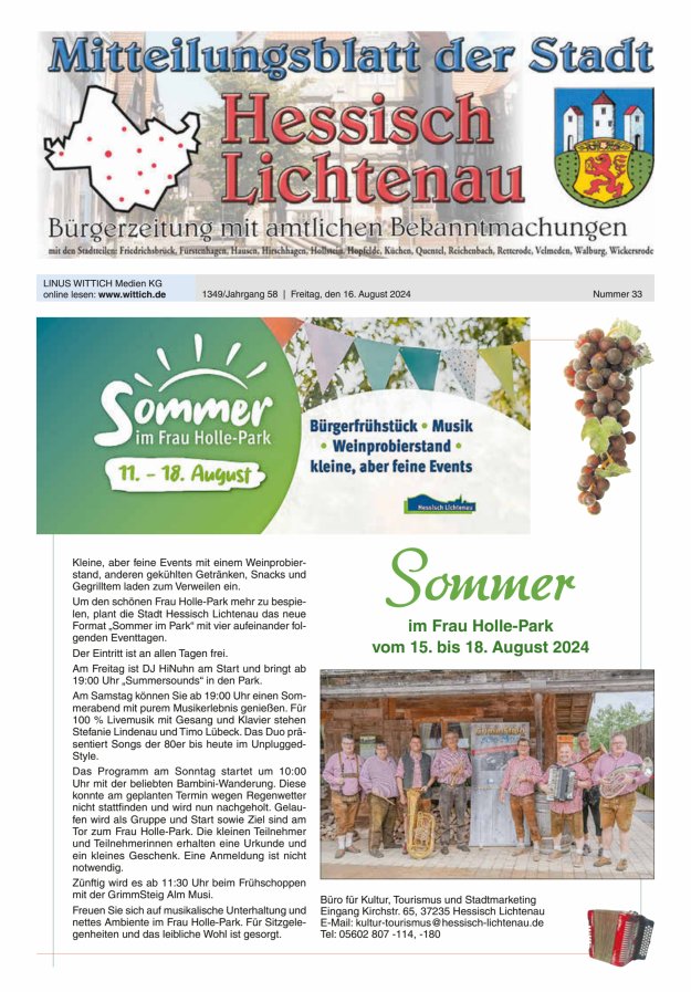 Mitteilungsblatt der Stadt Hess Lichtenau Titelblatt 33/2024