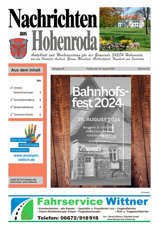 Nachrichten aus Hohenroda Titelblatt 33/2024
