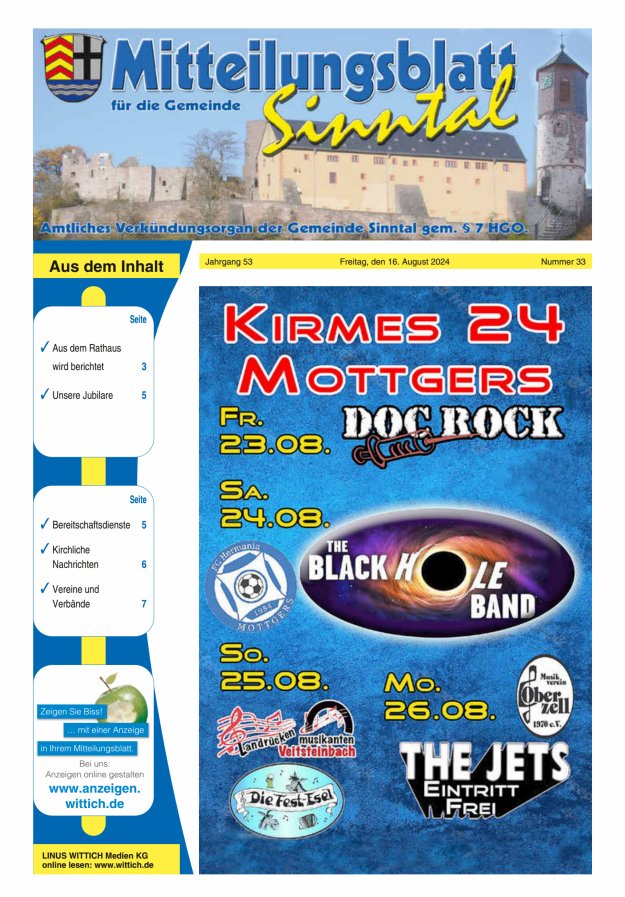 Mitteilungsblatt für die Gemeinde Sinntal Titelblatt 33/2024