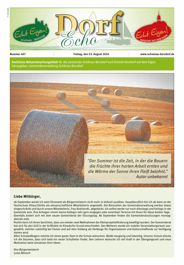 Dorfecho Amtliches Bekanntmachungsblatt für die Gemeinde Schönau-Berzdorf und OT Titelblatt 407/2024