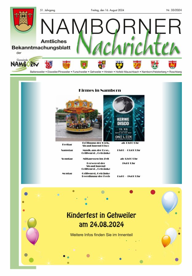 Namborner Nachrichten Titelblatt 33/2024