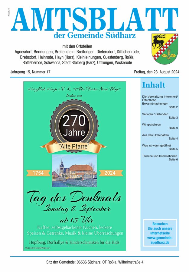 Amtsblatt der Gemeinde Südharz Titelblatt 17/2024