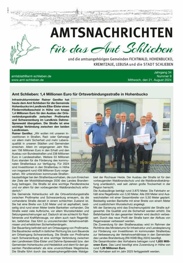 Amtsnachrichten – Amtsblatt für das Amt Schlieben und die amtsangehörigen Gemeinden Titelblatt 09/2024