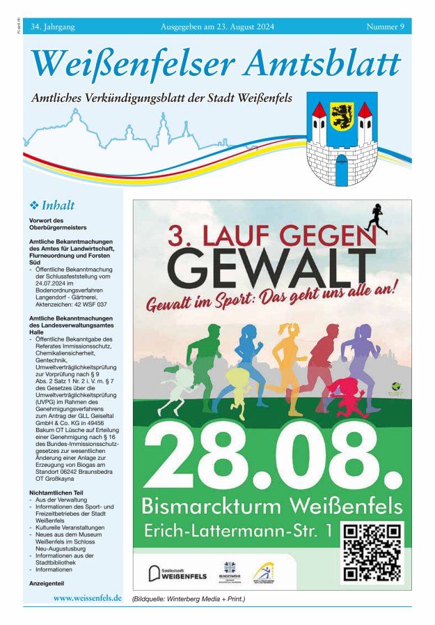 Weißenfelser Amtsblatt – Amtliches Verkündungsblatt der Stadt Weißenfels Titelblatt 09/2024