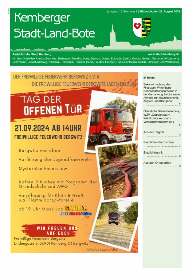Kemberger Stadt-Land-Bote Amtsblatt der Stadt Kemberg Titelblatt 08/2024
