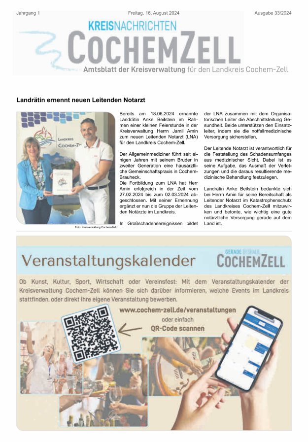 Kreisnachrichten Cochem-Zell Titelblatt 33/2024