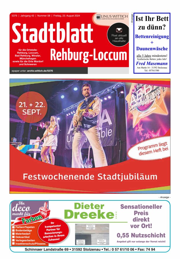 Stadtblatt Rehburg-Loccum Titelblatt 08/2024