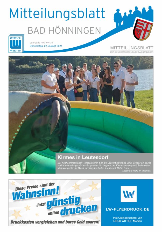 Mitteilungsblatt für den Bereich der Verbandsgemeinde Bad Hönningen Titelblatt 34/2024