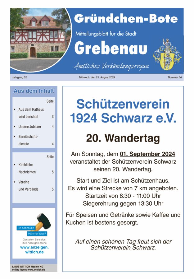 Grebenau - Gründchen Bote - Mitteilungsblatt für die Stadt Grebenau Titelblatt 34/2024