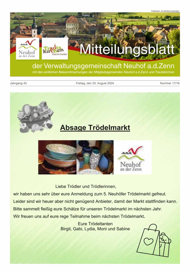 Mitteilungsblatt der Verwaltungsgemeinschaft Neuhof an der Zenn mit den amtlichen Bekanntmachungen der Mitgliedsgemeinden Neuhof an der Zenn und Trautskirchen Titelblatt 17/2024