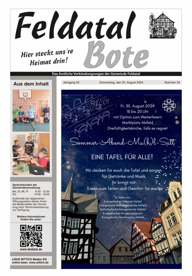 Das Amtliche Verkündungsorgan der Gemeinde Feldatal Titelblatt 34/2024