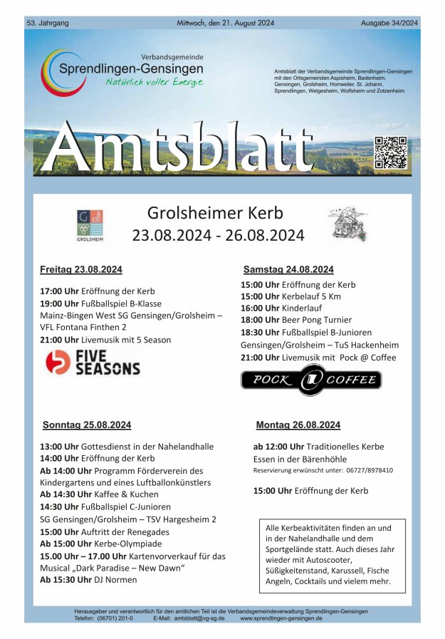 Amtsblatt VG Sprendlingen-Gensingen Titelblatt 34/2024