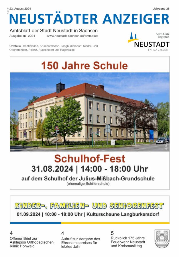 Neustädter Anzeiger - Amts- und Heimatblatt der Stadt Neustadt in Sachsen Titelblatt 18/2024