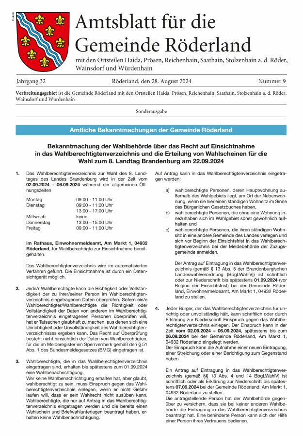 Gemeindeanzeiger - Amtsblatt für die Gemeinde Röderland Titelblatt 09/2024