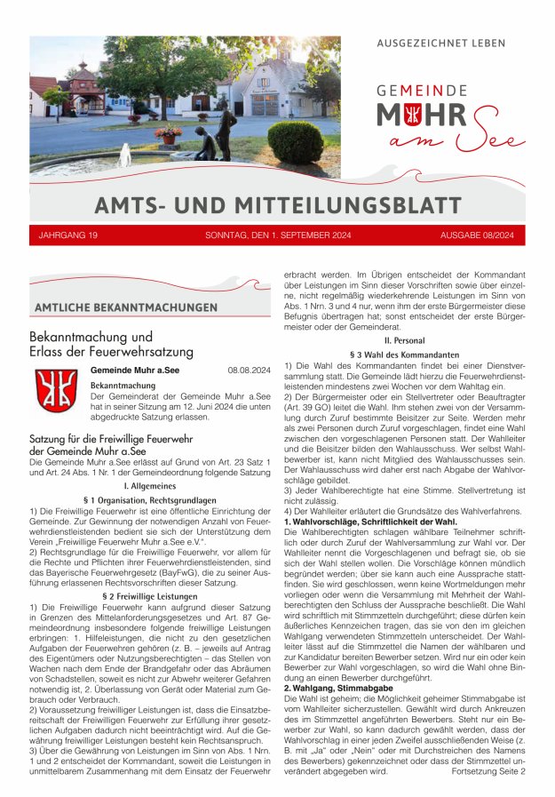 Muhrer Heimatbrief Amts- u Mitteilungsblatt der Gemeinde Muhr a See Titelblatt 08/2024