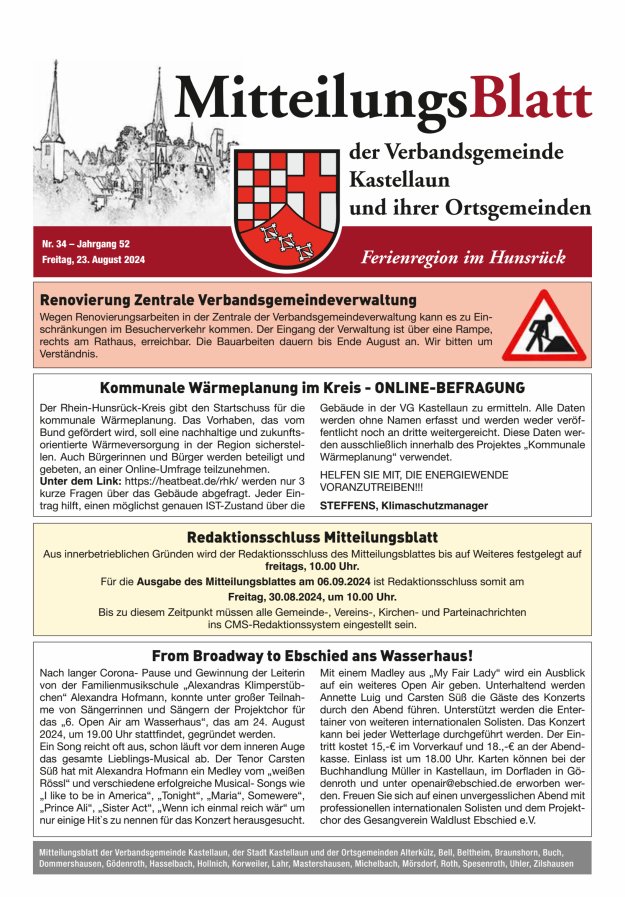 Mitteilungsblatt Kastellaun Titelblatt 34/2024
