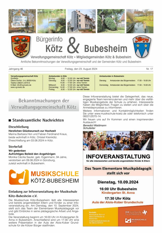 Amtsblatt der VG Kötz und der Mitgliedsgemeinden Titelblatt 17/2024