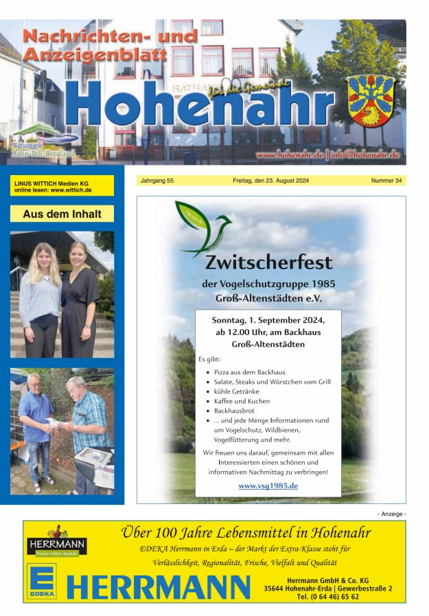 Nachrichten- und Anzeigenblatt für die Gemeinde Hohenahr Titelblatt 34/2024