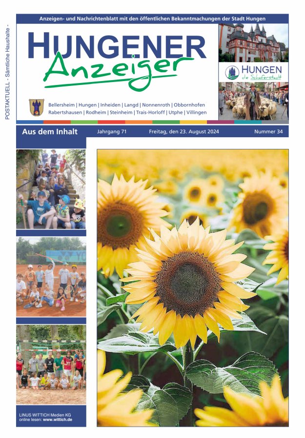 Anzeigen- und Nachrichtenblatt mit den öff  Bekanntmachungen der Stadt Hungen Titelblatt 34/2024