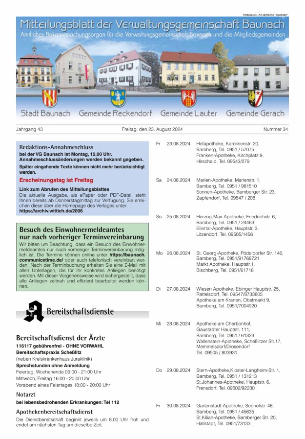 Mitteilungsblatt Verwaltungsgemeinschaft Baunach Titelblatt 34/2024