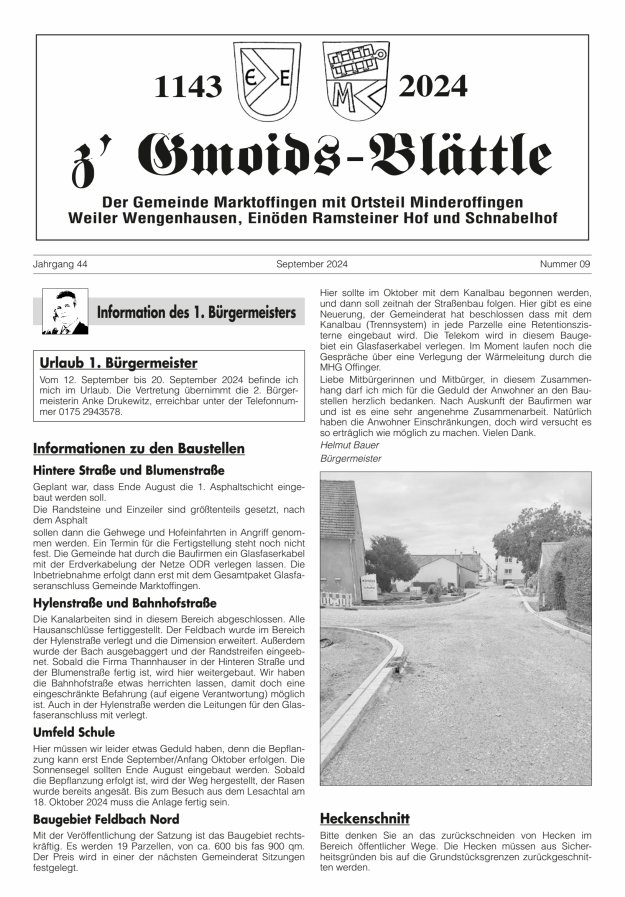z'Gmoids-Blättle der Gemeinde Marktoffingen mit Ortsteilen Titelblatt 09/2024