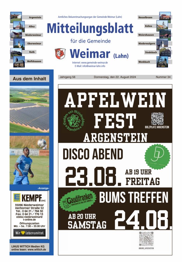 Mitteilungsblatt für die Gemeinde Weimar Titelblatt 34/2024