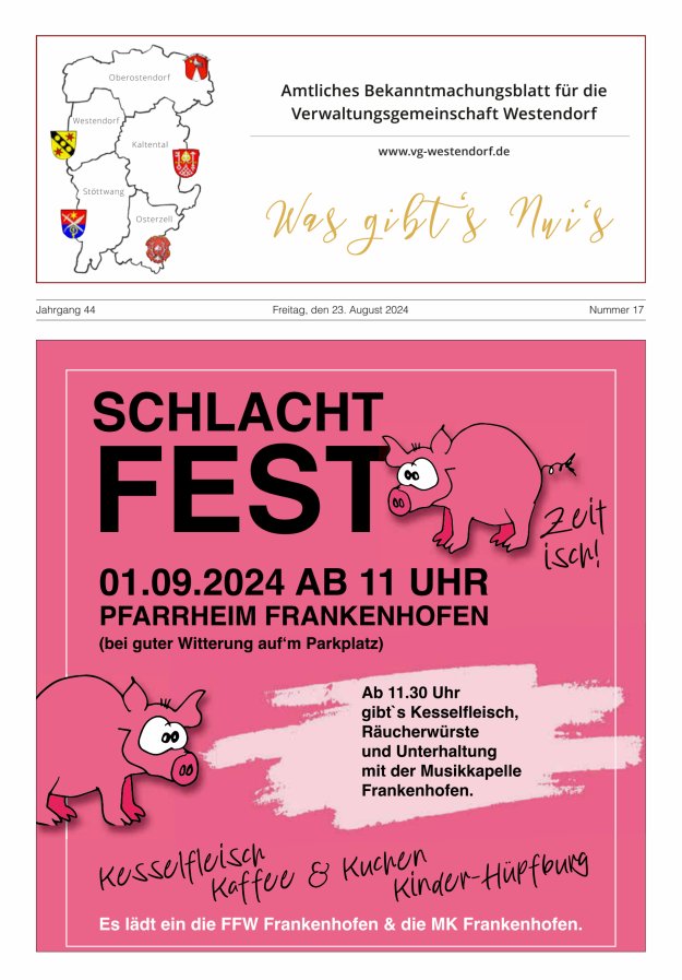 Was gibt's Nui's Amtliches Bekanntmachungsblatt für die VG Westendorf Titelblatt 17/2024